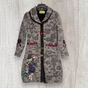Artistic wool blend floral patchwork long coat embroidered boho button front
